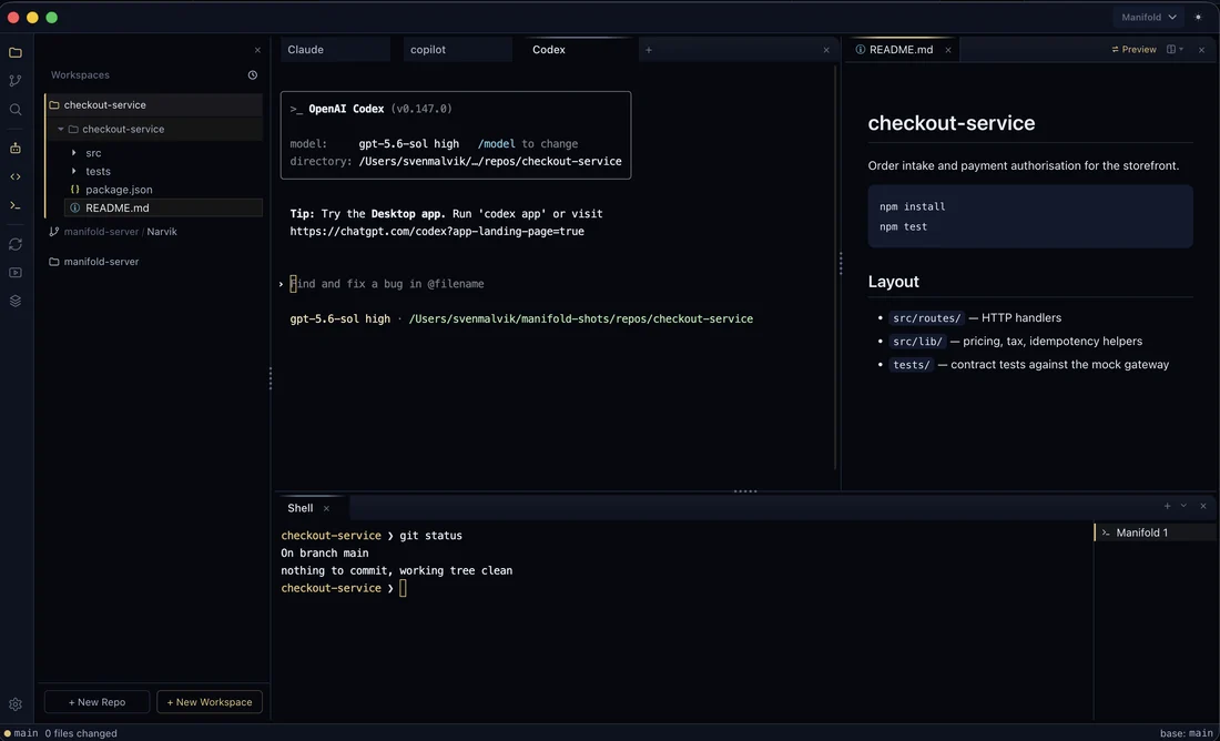 The Manifold workspace: Claude Code, Copilot and Codex agents open as tabs over one repository, with a shell running git status, the file tree and a rendered README